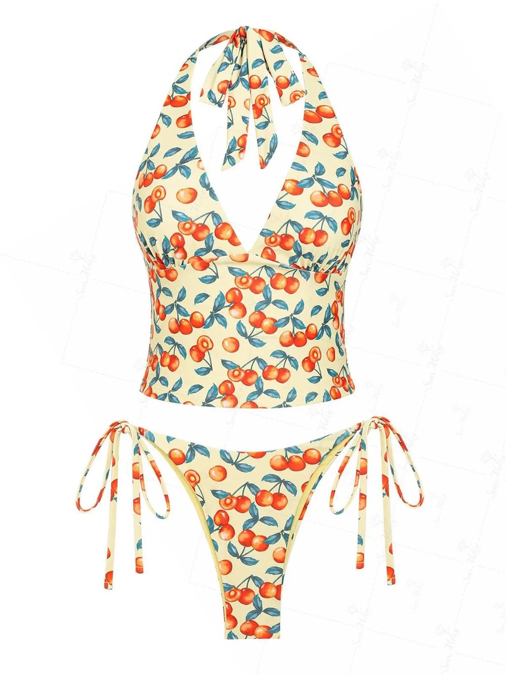 🎀NWT Cherry-Print Halter Tankini Top & Tie-Side Bikini
